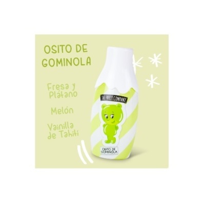 Frasco branco e verde com desenho de urso e texto de sabores em fundo verde