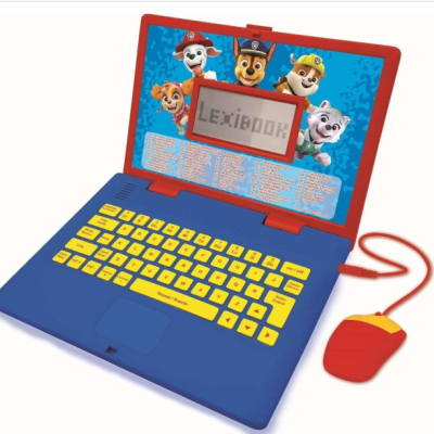Computador infantil de brinquedo azul com teclado amarelo e rato vermelho e amarelo