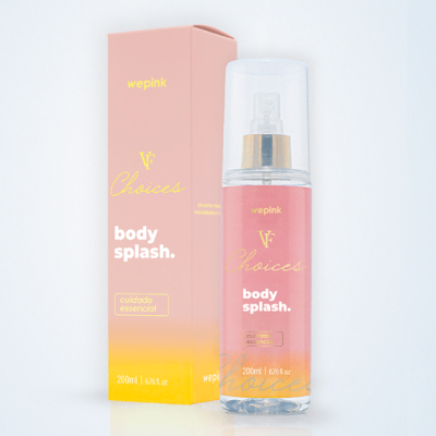 Frasco e embalagem de body splash VF Choices wepink cor rosa e amarelo