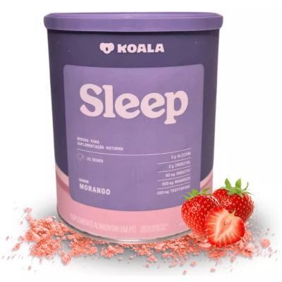 Recipiente roxo KOALA Sleep suplemento pó sabor morango com morangos frescos