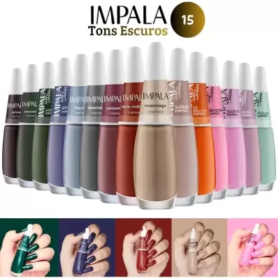 Vernizes Impala Tons Escuros com várias cores e nomes exibidos em mãos com unhas pintadas