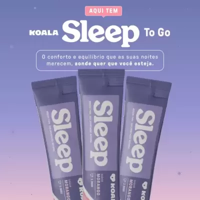 Embalagens do suplemento KOALA Sleep To Go sabor morango sobre fundo roxo com texto promocional