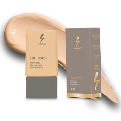 Base líquida LP Beauty Full Cover com embalagem e caixa cinzentas e bege