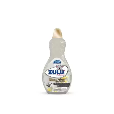 Frasco de produto de limpeza Zulu Perfumes com rótulo branco, tampa dourada e desenho de coala.