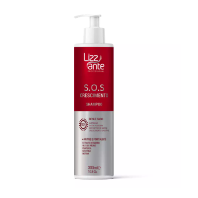 Frasco de champô Lizzante S.O.S Crescimento com doseador vermelho e branco