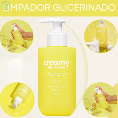 Frasco amarelo de limpador facial glicerinado Creamy Skincare com detalhes em fundo branco e amarelo