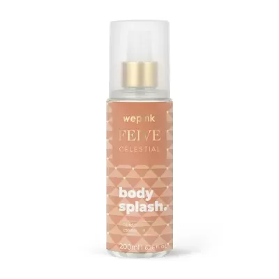 Frasco de spray corporal transparente com rótulo cor de pêssego e tampa fosca