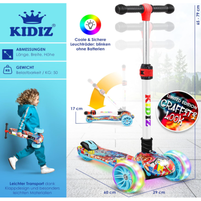 Trotinete colorida infantil com design graffiti e rodas com luzes LED