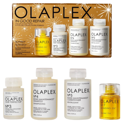 Conjunto OLAPLEX IN GOOD REPAIR com quatro produtos em frascos amarelo e branco numa caixa dourada.