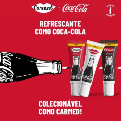 promoção Carmed edição limitada com tubos de creme Vermelho, Incolor e Marrom com garrafa Coca-Cola