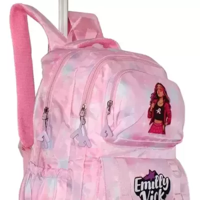 Mochila de viagem rosa com padrão claro, rodas, alça extensível, bolsos e etiqueta Emilly Vick