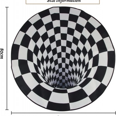 Tapete redondo p&b com padrão quadriculado e ilusão óptica de buraco, 80cm x 80cm.