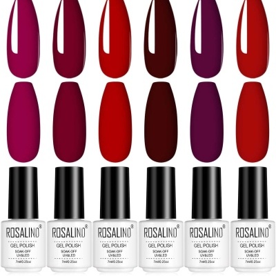 Frascos de verniz gel ROSALIND com amostras coloridas em brilho e fosco.