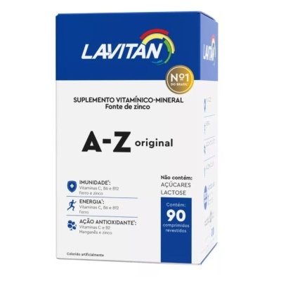 Embalagem azul e branca de suplemento vitamínico-mineral LAVITAN A-Z original com 90 comprimidos.