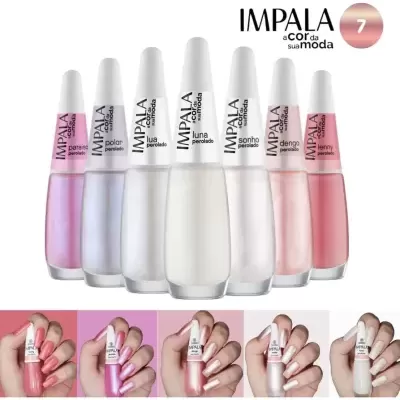 Conjunto de vernizes Impala perolados em várias cores suaves com frascos e amostras nas unhas