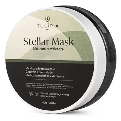 Frasco redondo de creme facial TULÍPIA PRO Stellar Mask Máscara Matificante com embalagem verde e preta
