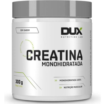Suplemento alimentício em pote branco com tampa cinza, creatina monohidratada da DUX Nutrition Lab.