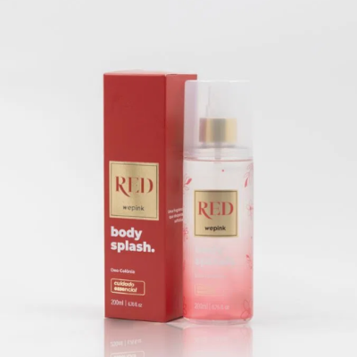 Frasco de body splash vermelho com caixa vermelha e rótulo dourado