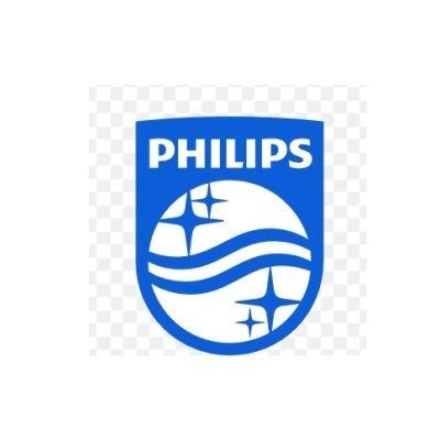 Logótipo azul da Philips com texto branco e símbolos dentro de círculo