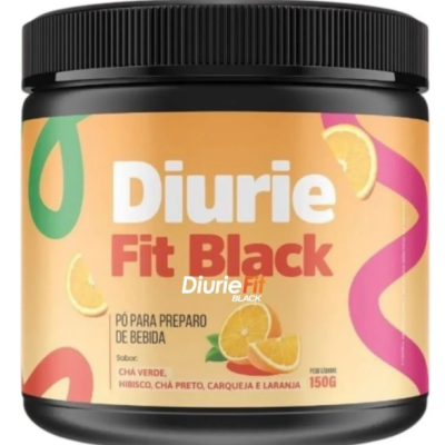 Frasco preto com rótulo laranja com texto Diurie Fit Black e imagens de laranja