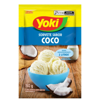 Pacote de sorvete sabor coco Yoki com texto e imagem do produto