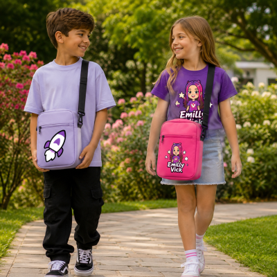 Miúdos com mochilas coloridas em parque