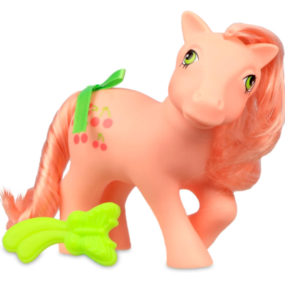 Cavalo de brinquedo cor-de-rosa com crina laranja e acessórios verdes