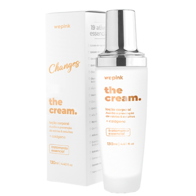 Loção corporal wepink the cream em frasco branco com tampa prateada e embalagem branca