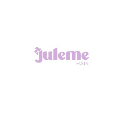 Logótipo da marca 'juleme HAIR' em letras lilás com uma pequena flor.