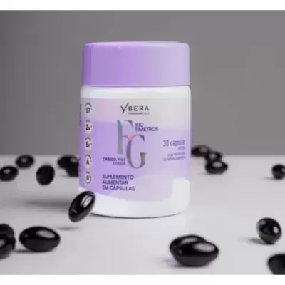 Frasco branco com tampa lilás de suplemento alimentar Ybera 100 Tretros TG com cápsulas negras à volta