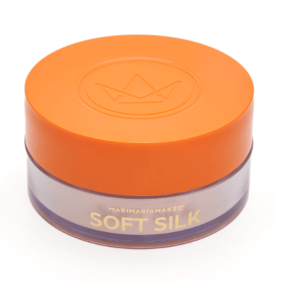 Pote de plástico translúcido com tampa laranja e texto dourado SOFT SILK