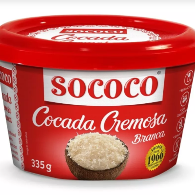Embalagem vermelha de cocada cremosa branca Sococo 335 g