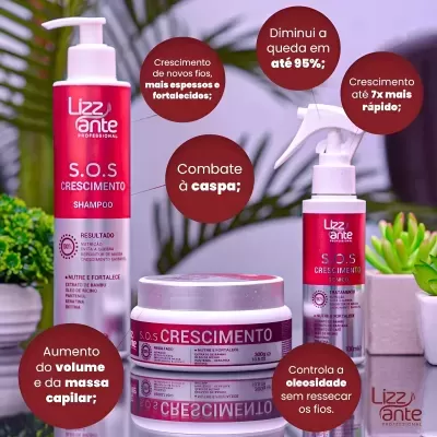 Produtos capilares Lizz Ante S.O.S Crescimento em frascos branco e vermelho com plantas ao fundo.