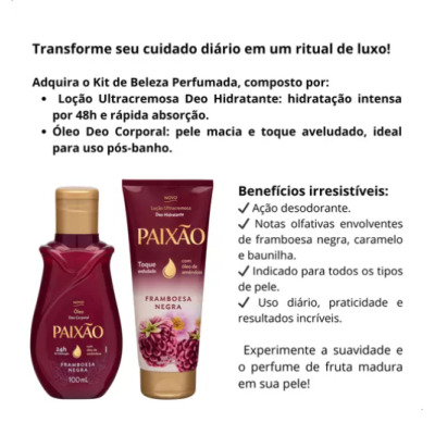 Kit de beleza PAIXÃO com óleo corporal e loção hidratante de framboesa negra