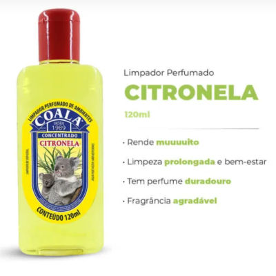 Frasco amarelo de limpador perfumado Coala citronela de 120ml com tampa vermelha e etiqueta com coalas