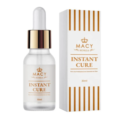 Frasco de vidro com conta-gotas e embalagem branca com riscas douradas do produto MACY KOREA INSTANT CURE