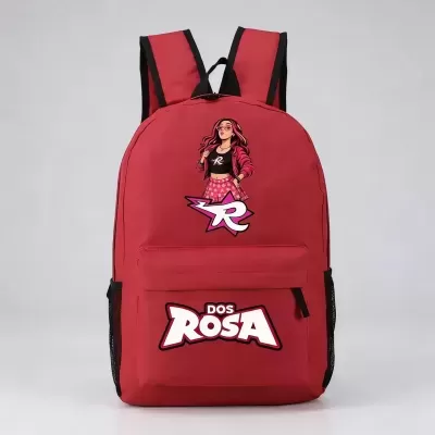 Mochila vermelha com estampa de rapariga e texto DOS ROSA