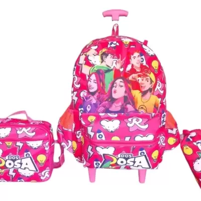 Mochila, estojo e mochila pequena cor-de-rosa com personagens coloridos e texto DOS POSA