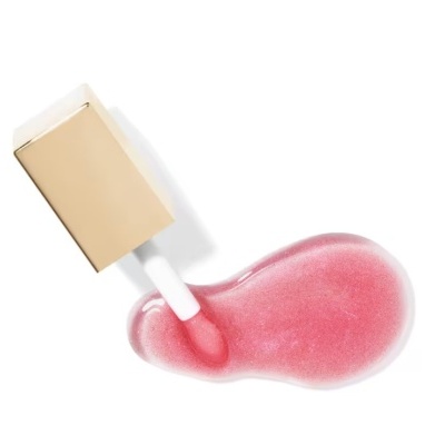 Gloss labial rosa com aplicador branco e tampa dourada