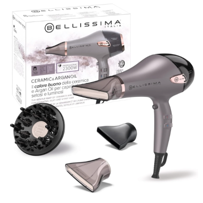Secador de cabelo Bellissima cinza e rosa com acessórios e caixa