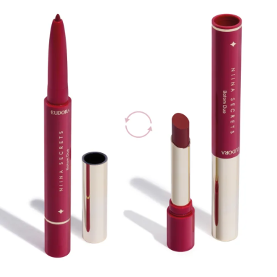 Dois batons Nina Secrets da Eudora, um em formato caneta e outro tradicional, em tons de vermelho e prata.