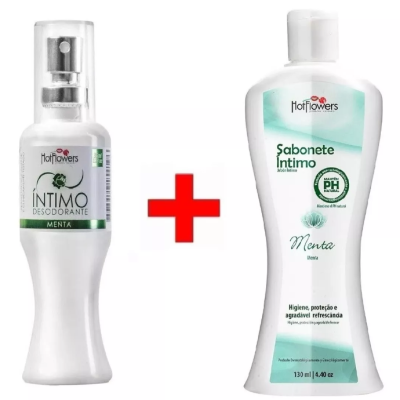 Produtos Hotflowers para higiene íntima com menta, frascos brancos, texto em verde e cruz vermelha entre eles.