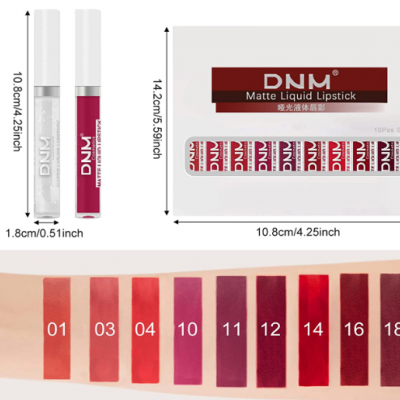 Conjunto de batons líquidos mate DNM com 10 cores numeradas em embalagem branca.