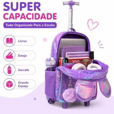 Kit&#x20;Mochila&#x20;de&#x20;Rodinhas&#x20;Infantil&#x20;Roxa&#x20;com&#x20;Lancheira&#x20;e&#x20;Estojo&#x20;-&#x20;Estilo&#x20;Princesa&#x20;Encantada
