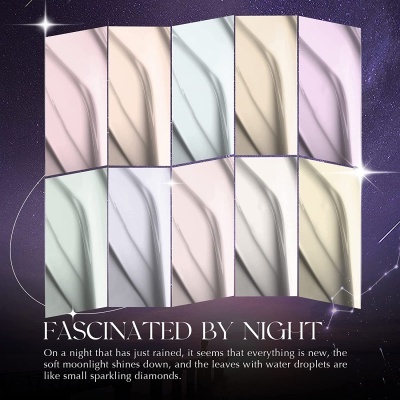 Amostras de cores pastel com texturas onduladas sobre fundo estrelado e texto