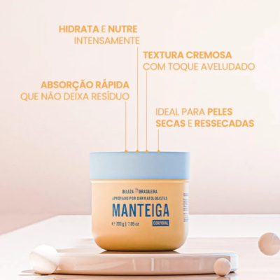 Frasco de creme corporal MANTEIGA com tampa azul claro sobre superfície bege