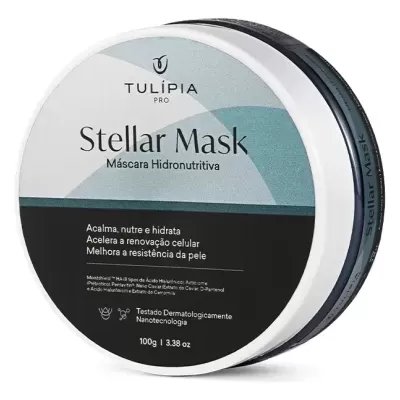 Embalagem redonda branca da Stellar Mask da TULÍPIA PRO com texto descritivo em português
