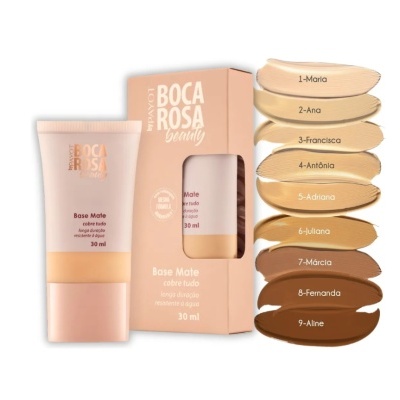 Base mate Boca Rosa Beauty com embalagem e amostras de 9 cores