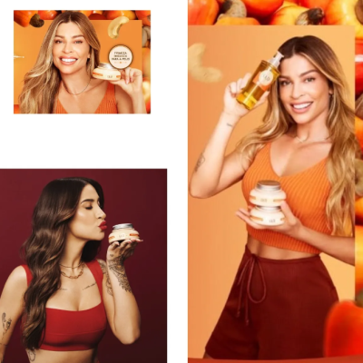 Mulheres a mostrar cremes e óleos cosméticos com embalagens e fundo laranja e vermelho.