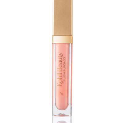 Blush líquido rosa claro em frasco transparente com tampa dourada